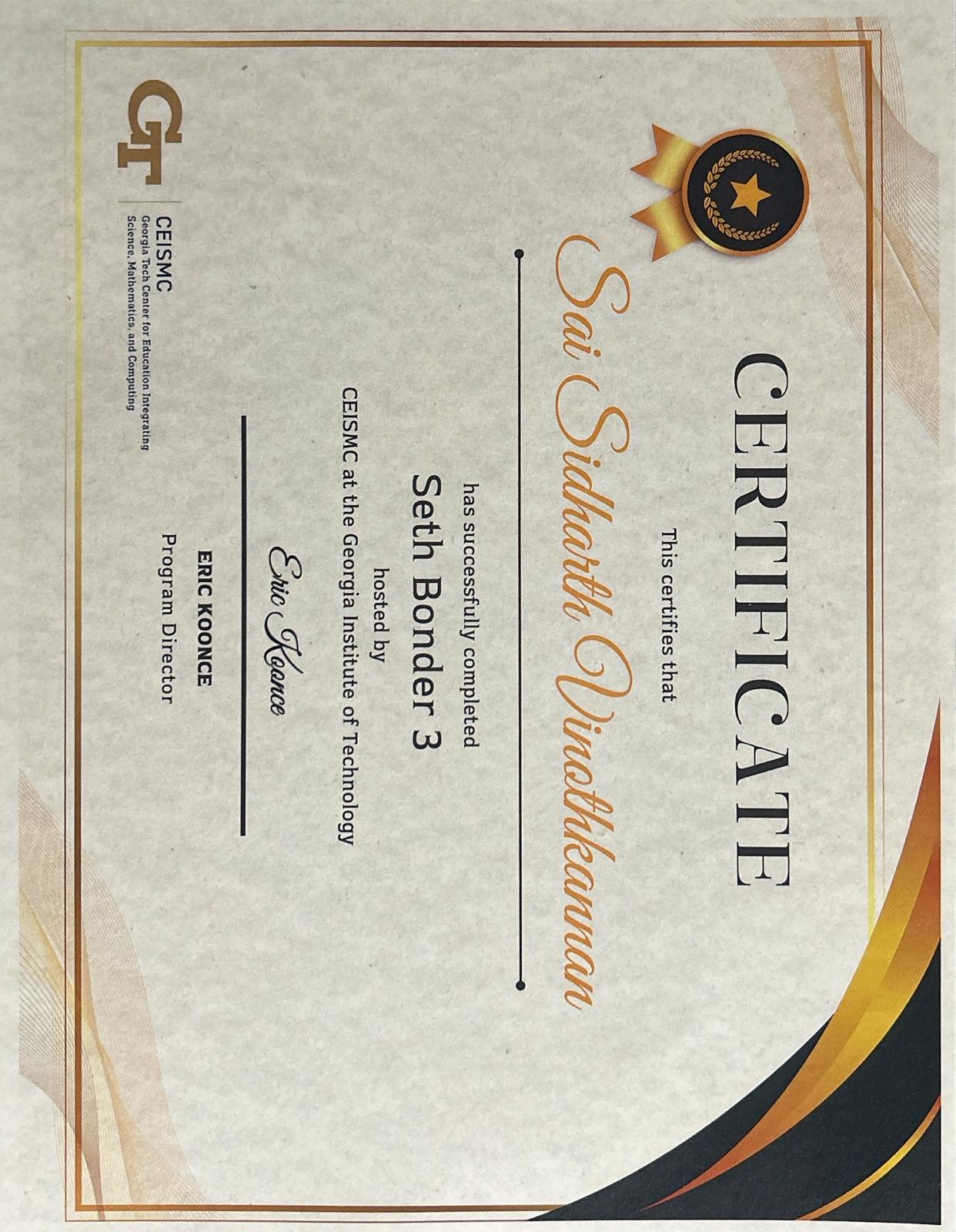 Seth Bonder Certificate